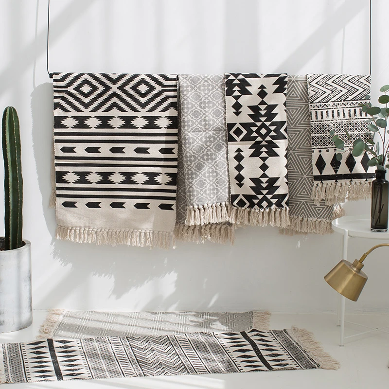 Цена Kilim черный, белый цвет 100% хлопок гостиная ковры геометрический индийский в полоску современный дизайн Богемия скандинавск