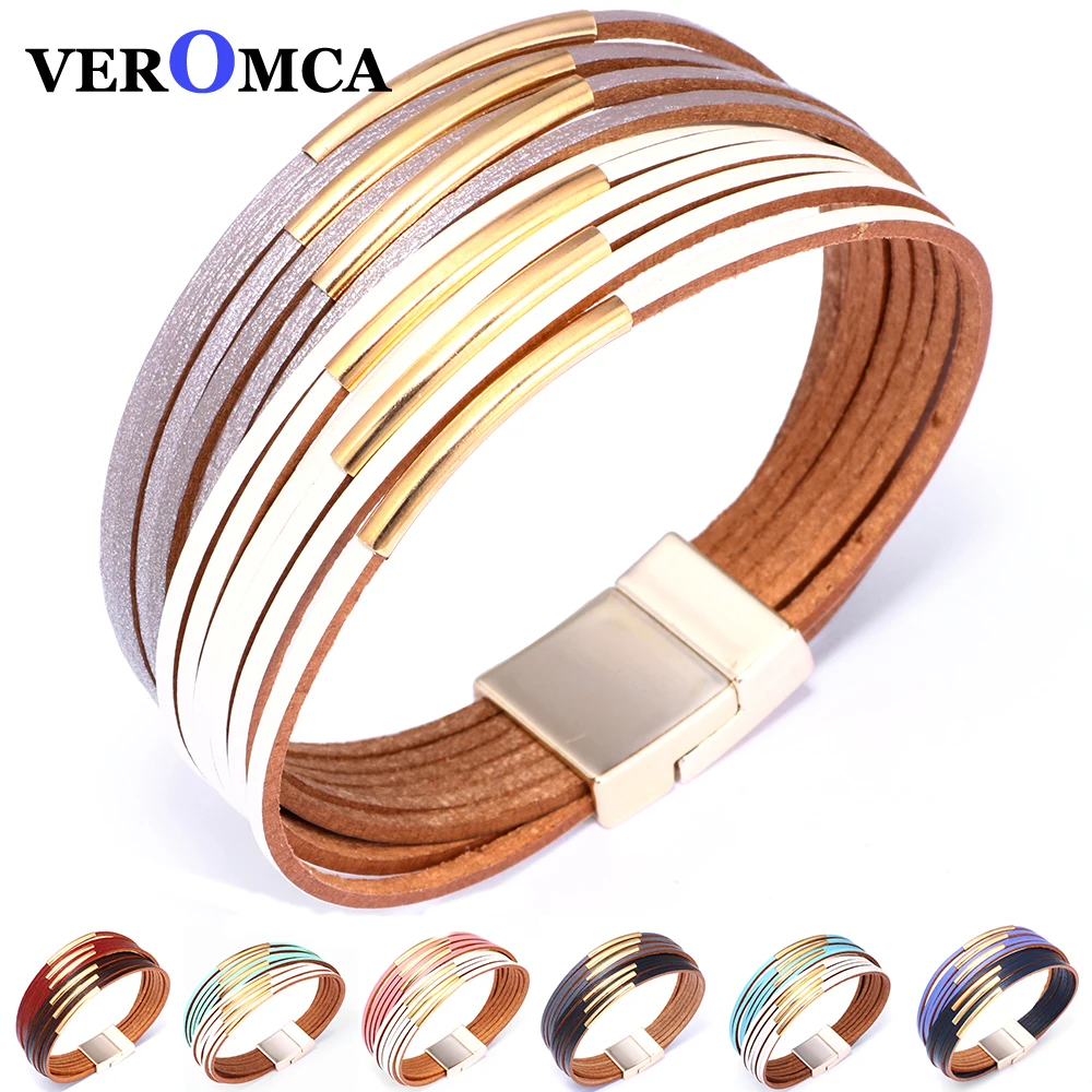 

Bohemia Leather Bracelets For Women 2019 Fashion Multilayer Wide Wrap Charm Bracelet Femme Jewelry 10 colors Female Bangles