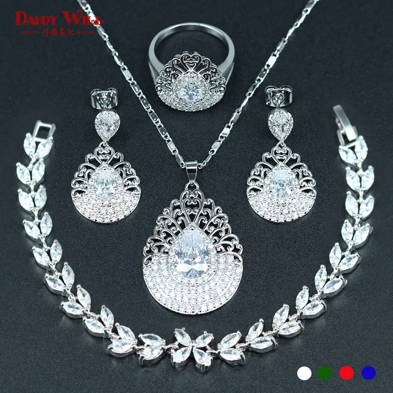

White Zircon Silver Color 925 logo Bridal Jewelry Sets For Women Necklace/Earrings/Rings/Pendants /Bracelet for party wedding