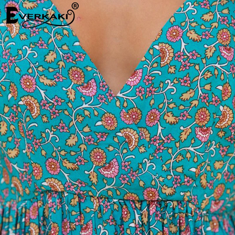 Everkaki, мини платье с v-образным вырезом, без рукавов, бохо, Цыганское Платье, цветочный рисунок, сексуальное, свободное, с оборками, женское платье