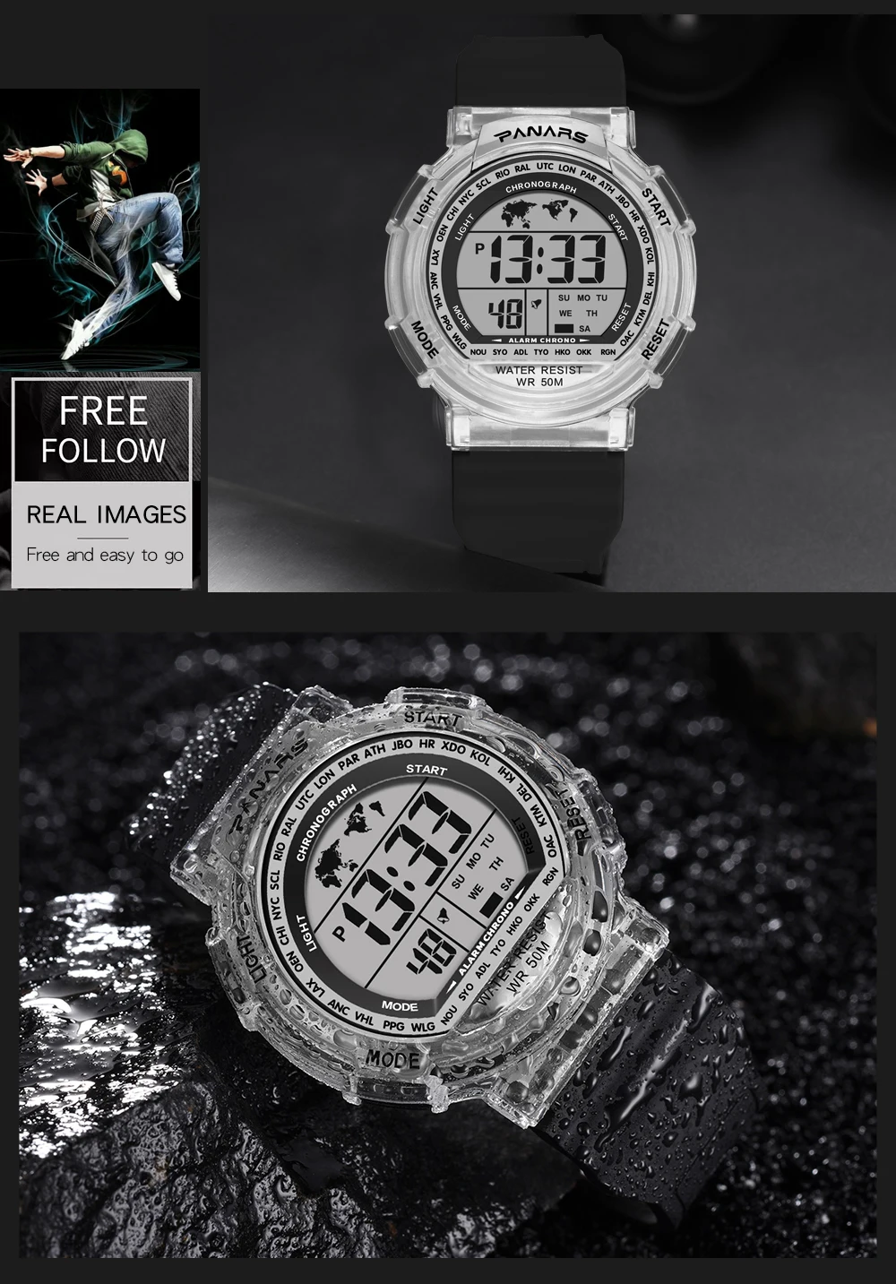 Children's Watches 50m Waterproof PANARS LED Multifunction Dual Tim Digital Kids Wrist Watches Children Watch For Boy Girl