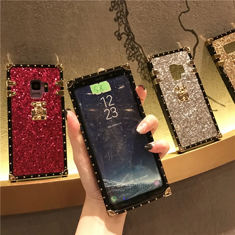 YHBBCASES, Модный Золотой квадратный чехол с заклепками для samsung Galaxy S10 S8 S9 Plus, Роскошные блестящие порошки, чехлы для samsung Note 10 8 9