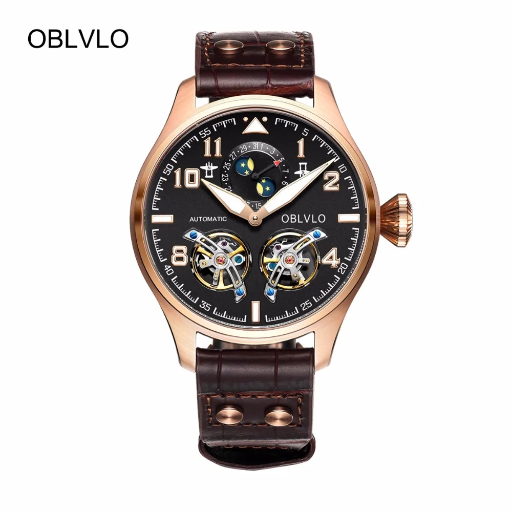 

OBLVLO Mens Sport Watches Rose Gold Automatic Watches Tourbillon Calendar Pilot Watches Leather Band OBL8232