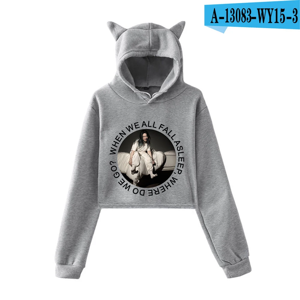 GRAY Billie Eilish кошачьи ушки укороченный топ толстовки Модные женские осенние укороченные топы толстовки сексуальный K-pops Harajuku короткий Свитшот - Цвет: GRAY