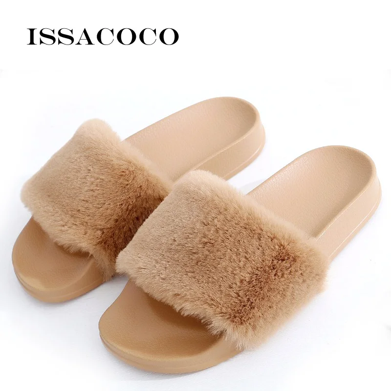 

ISSACOCO Women's Flat Solid Furry Slippers Faux Fur Slippers Non-slip Plush Fashion Slippers Fluffy Flock Indoor Flat Slippers