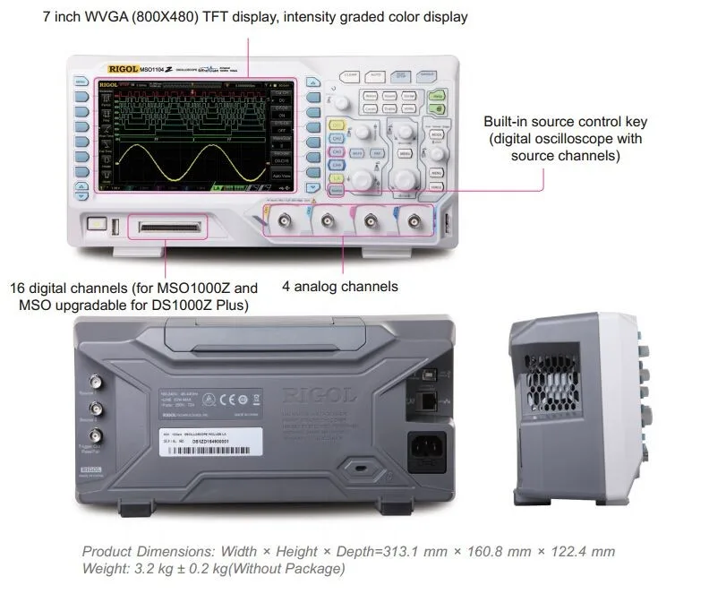 Цифровой осциллограф RIGOL DS1104Z Plus 100 МГц с 4 CH и 16 Digital CH 25 МГц пропускной способностью с 2 каналами источника сигнала
