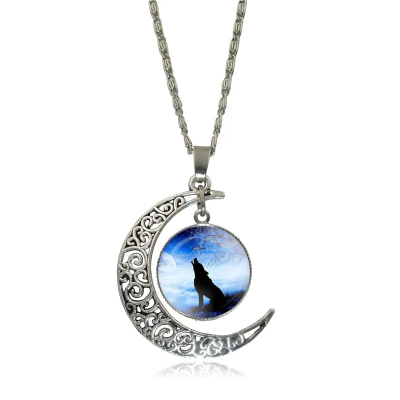 XUSHUI XJ модное серебряное ожерелье с подвеской в виде полумесяца, Воющий волк, стеклянная цепь из кабошона, ожерелье для женщин, подарок для друзей - Окраска металла: S2954
