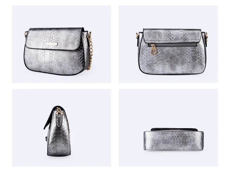 Women's Snake Skin Print Flap Messenger Bag Female Small Silver Leather Crossbody Chain Purse for women Luxury Designer Handbag (6)