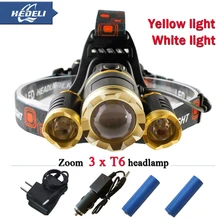 White light yellow light 10000 lumens 3T6 LED Headlamp headlights CREE XML T6 front head lamp 18650 Rechargeable Battery 2016