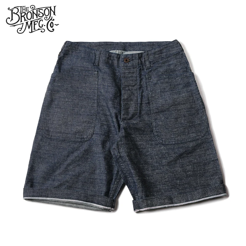 

2018 Bronson WW2 USN Deck Dungaree Shorts Men's Cargo Shorts Summer 1940'S Vintage Selvage 10.5oz Denim Short Pants For Men