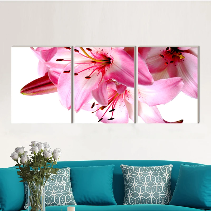 Beautiful pink Lily flower attractive canvas painting home deco art prints 3 psc realist wall pictures for restaurant cafe rooms | Дом и сад