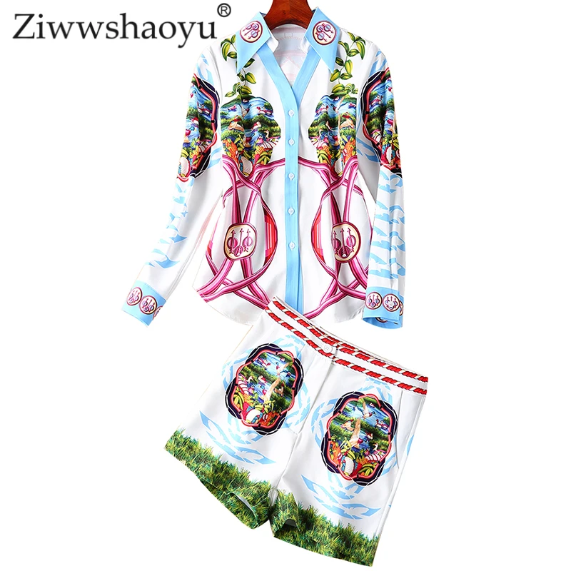 

Ziwwshaoyu Elegant animal Print Sets Turn-down Collar shirt + Empire Shorts fashion Set Spring and summer new women