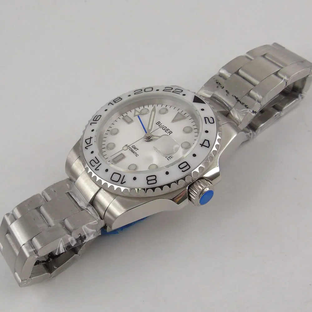 بسيطة BLIGER 40 مللي متر الأبيض ساعة رجالي بتوقيت جرينتش الميكانيكية ووتش التلقائي حركة تاريخ Maginifier SS حزام