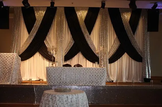 White Wedding Backdrop With Black Swags And Silver Sequin Luxury