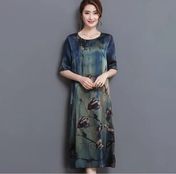 

2018 Boho Summer Middle Age High Quality Silk Print Dress Vintage Elegant Large Size Loose O-Neck Women Dress JR147