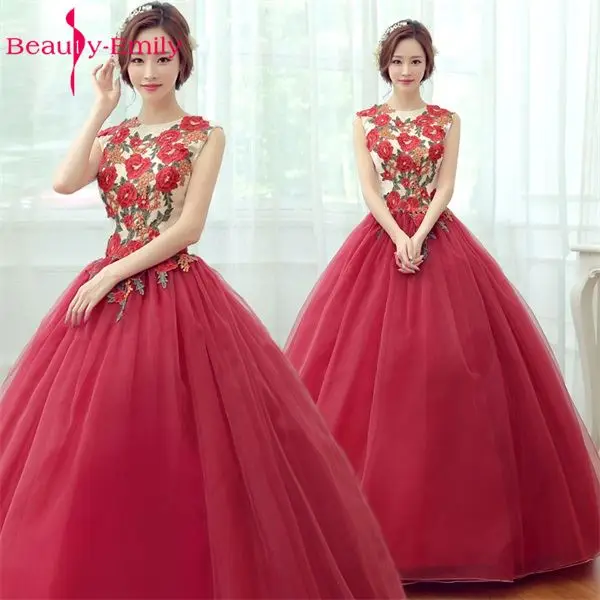 

Beauty Emily 2018 Modern Flower Wine Floor Length O Neck Vestido De Noiva Quinceanera Dresses Formal Party Girl Prom Dresses