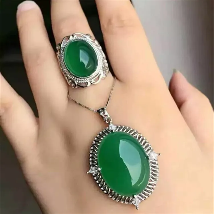 

KJJEAXCMY boutique jewels 925 Pure silver inlay natural green jade medulla ring + pendant 3 pieces set with diamond curve plant