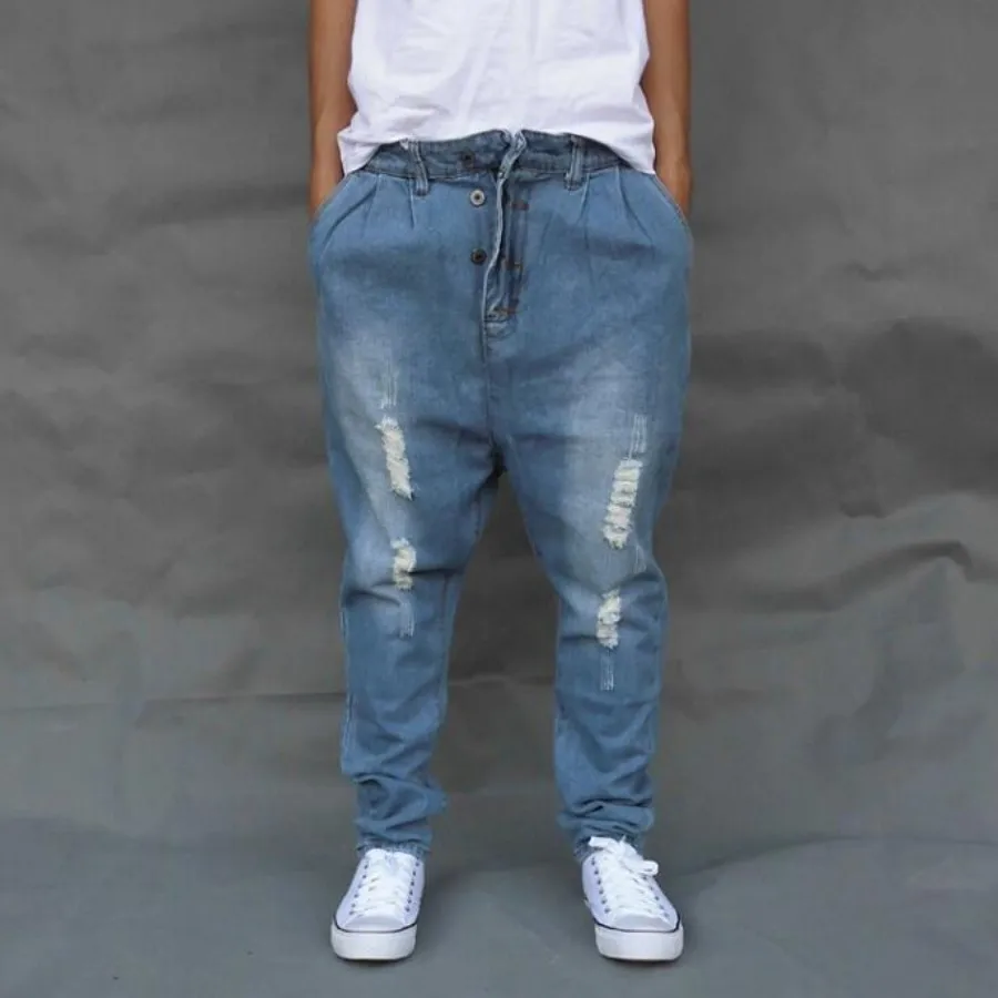 Blue Ripped Baggy Denim pants Male Low Drop Crotch Skateboard jeans Mens Loose Harem Jogger Pants Plus size Cross Pants A60509