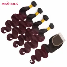 Miss Rola Hair Pre-colored Ombre Brazilian Body Wave Hair #1B/99J Non-Remy Human Hair Weave 4 Bundles With Closure Extensions