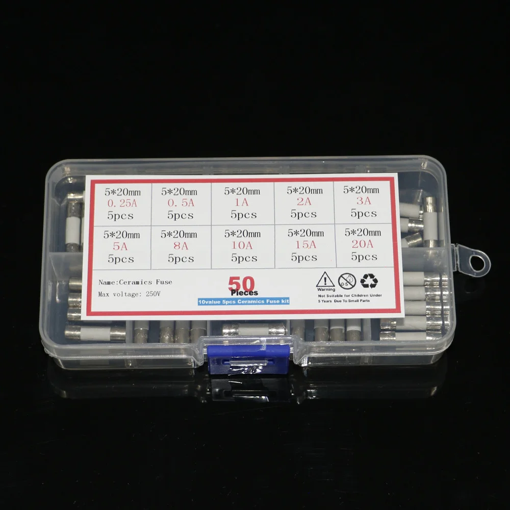 

50pcs/lot Ceramic Fuse assortment kit 5x20mm Slow Blow Tube Fuse set 0.2A 0.5A 1A 2A 3A 5A 8A 10A 15A 20A diy electronic Fuses