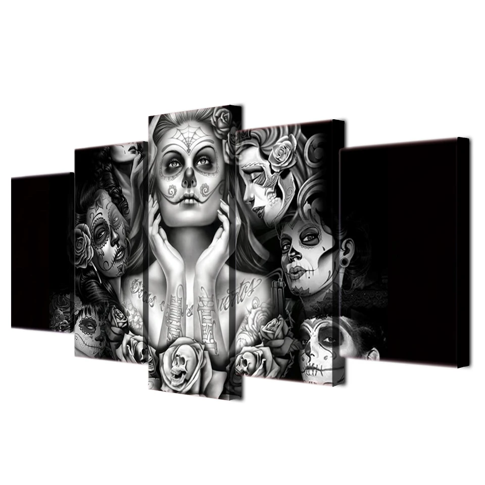 Модульные hd-принты на холсте картины Домашний Декор стены искусства рамки 5 панелей Сахар Череп фотографии девушки гостиной художественные плакаты