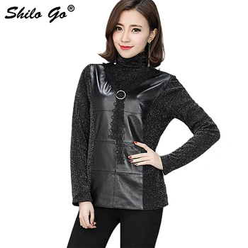 

SHILO GO Leather Blouse Womens Autumn Fashion sheepskin genuine leather blouse turtleneck collar sexy lack black slim blouse