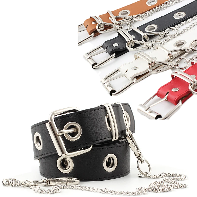 Women Punk metal chain PU leather Fashion Belt Adjustable Single Eyelet Grommet Leather Buckle Belt Multicolor selection