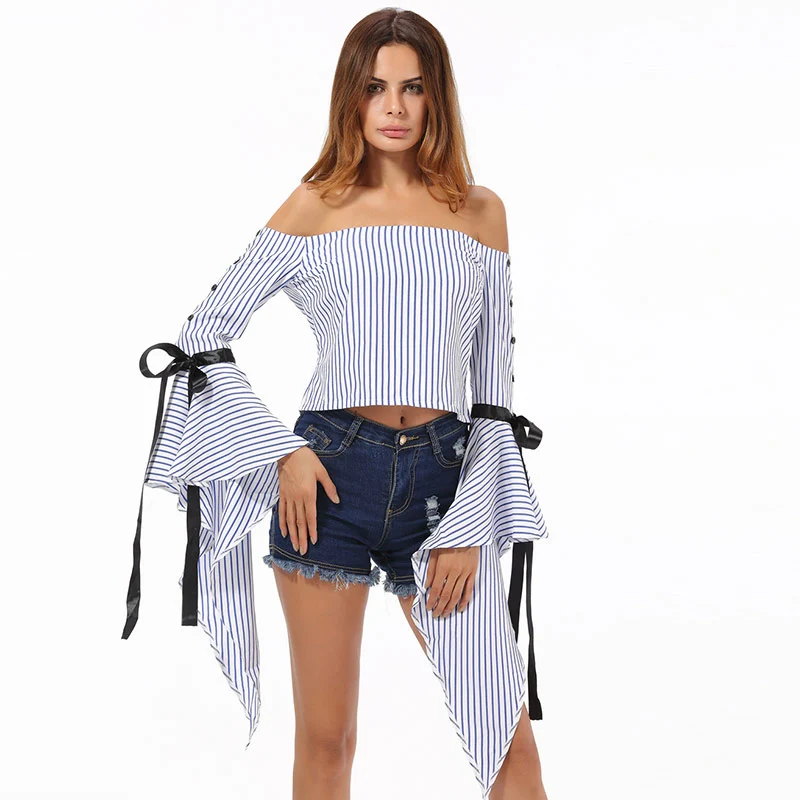 

Summer Striped Blouse Petal Sleeve Lace up Bow Backless Sexy Off the shoulder Mini Shirts Short Women Summer 2019 Crop Tops Lady