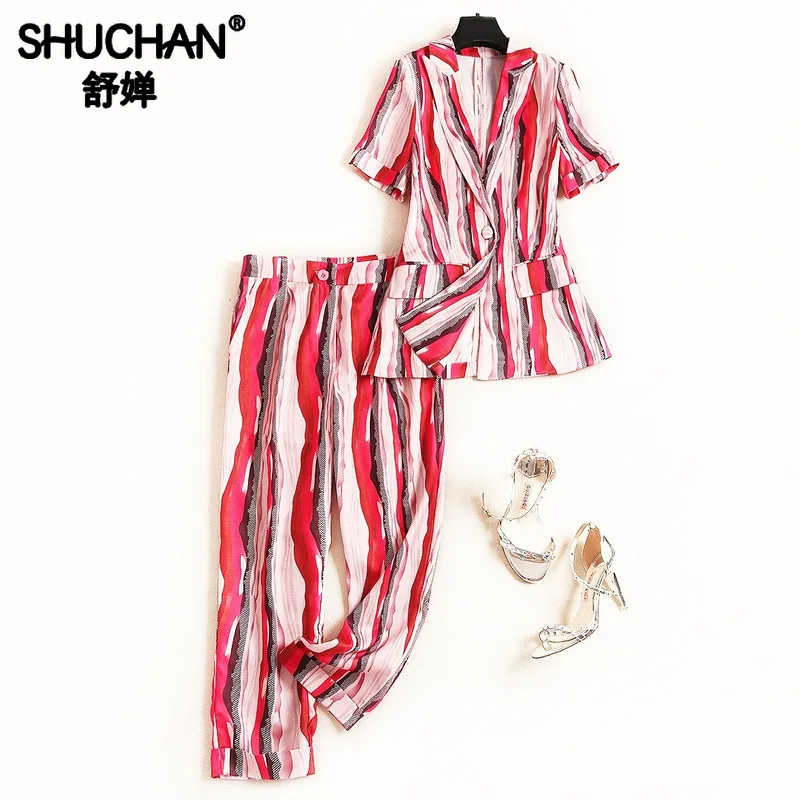 

Shuchan Summer Trouser Suit Designe Print Women's Sets 2019 Korean Women Fashion Blazer+ Calf-Length Pants Female Costume 51267