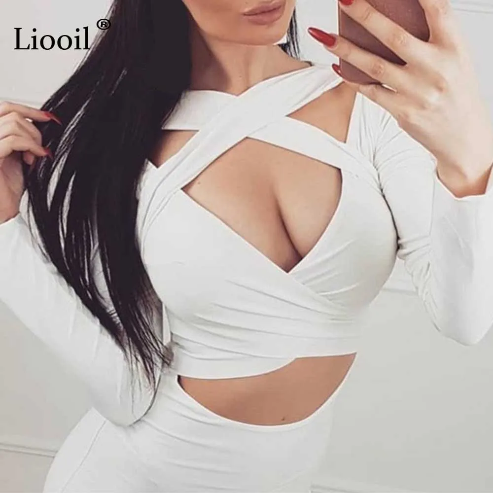 Liooil Sexy Black V Neck Short Top Women Clothes 2019 Asymmetrical 
