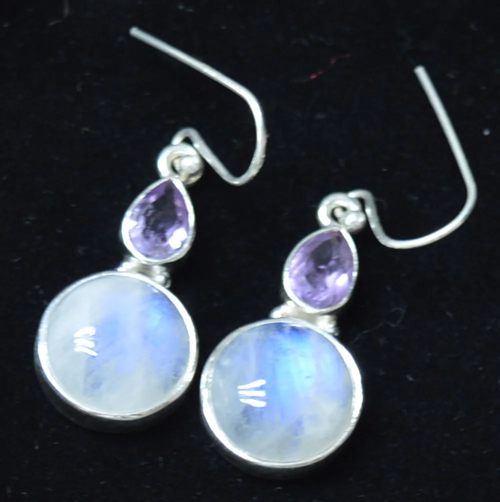 

Lovegem Genuine Rainbow Moonstone + Amethyst EARRINGS 925 Sterling Silver, 36.5 mm, AE2122
