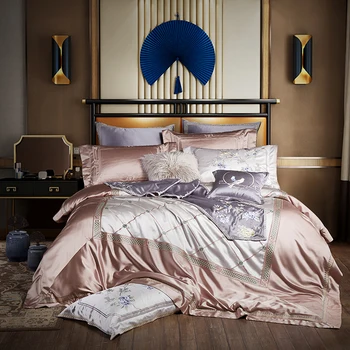 

Luxury Embroidery Silk Bedding set Gray King Queen size Bed set Cover Fitted sheet Duvet cover juego de cama linge de lit