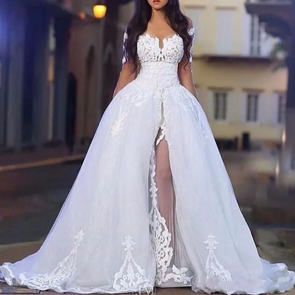 2019 арабский Белый Свадебные платья Съемный Поезд с плеча длинным рукавом кружево пикантные свадебные бальные разделение Novia брак