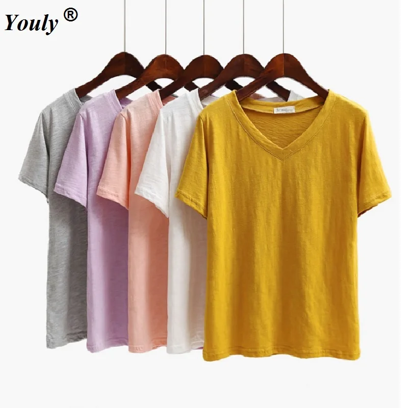 

Women's Cotton T-shirt Summer Plus Size Tee Basic Shirts Women Solid V Neck Short Sleeve Casual Big Size Female Tops Femme Tees
