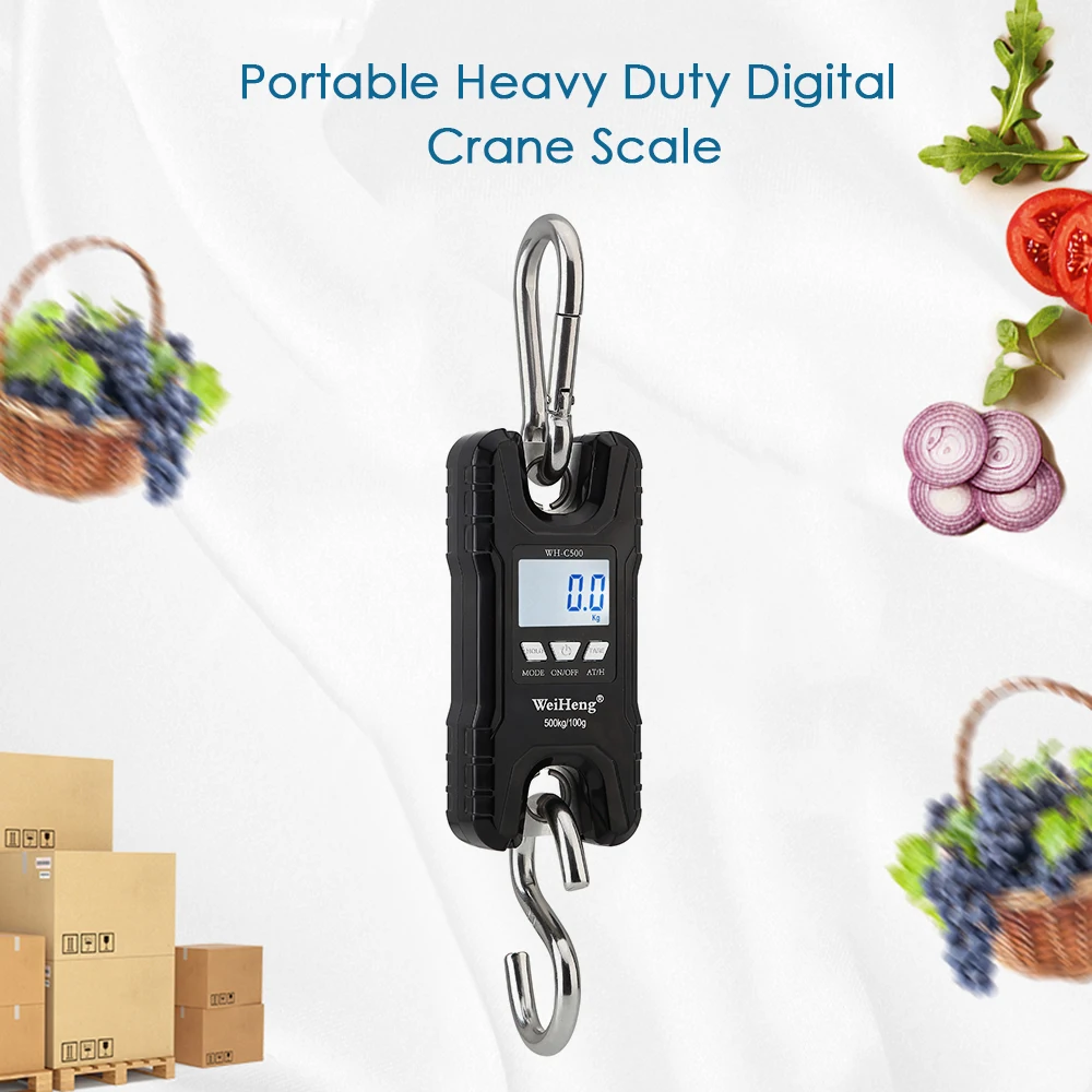 500kg/1102lb Portable Mini Industrial Crane Scale Digital LCD Electronic Scales Heavy Duty Hanging kitchen Weight Hook Scales