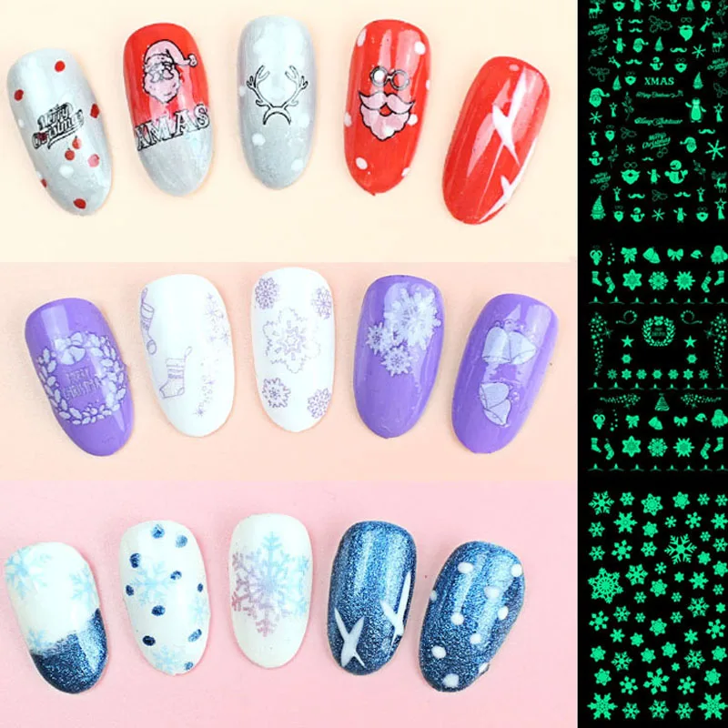 

Noctilucent Nail Sticker 5 christmas styles snow flower star moon pattern water transfer 3D luminous nail decals RA028