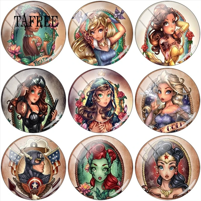 

TAFREE Cartoon Princess Round Photo Glass Cabochon Demo Flat Back Making Findings 12mm/15mm/16mm/18mm/20mm/25mm DIY Beads