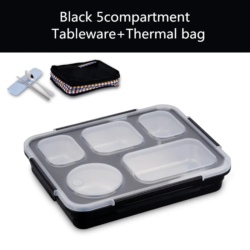 Baispo Leakproof Lunch Box Thermal Bento Box with Tableware Food Container with Compartments For Students Office Worker - Цвет: Black 5 set