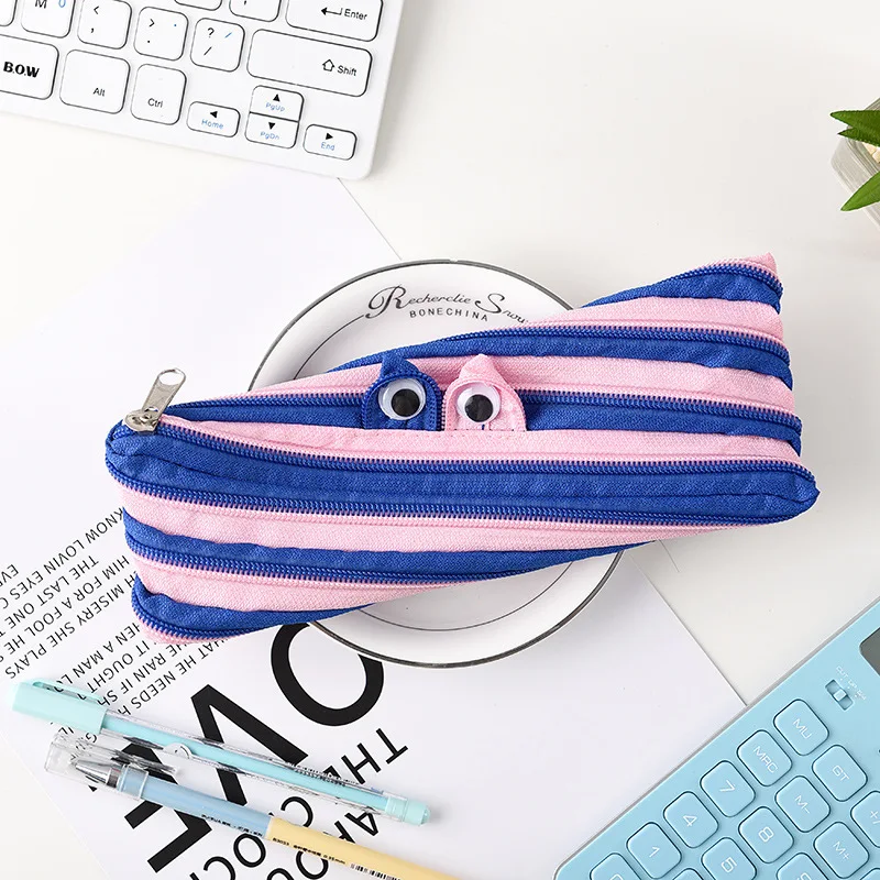 Креативные Канцтовары Kawaii С мультяшным монстром Карандаш Чехол корейские канцелярские принадлежности застежка-молния сумки ткань ручка чехол - Цвет: Pink Blue