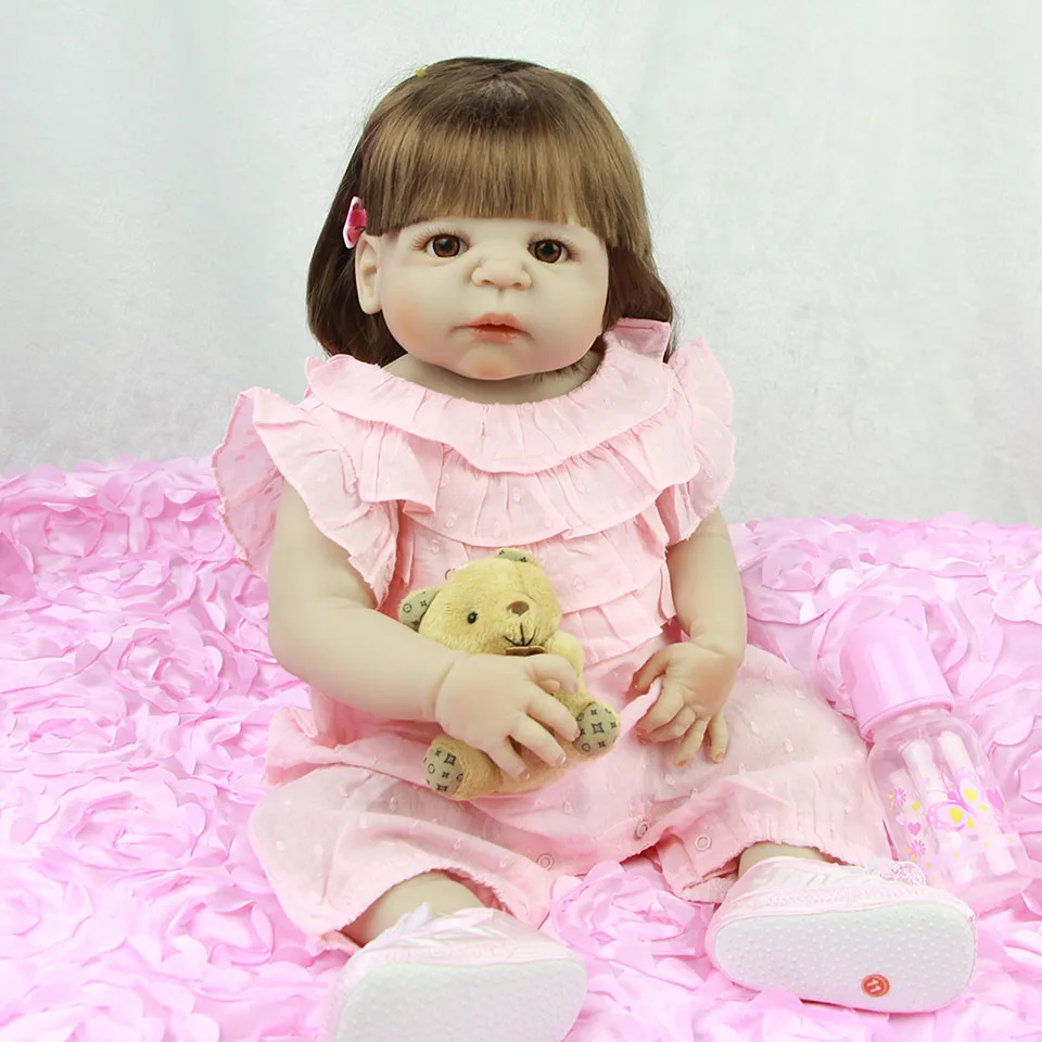 

New Simulation Reborn Girls Babies Doll Full Body Silicone New Born Real Life 23 inch Baby Dolls With Pink Clothes For kids Toy
