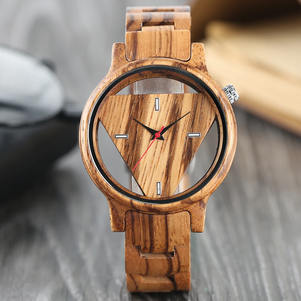 Креативные бамбуковые деревянные наручные часы для мужчин, дизайн, полый треугольный циферблат, кварцевые мужские часы, лучший подарок, рождественские часы