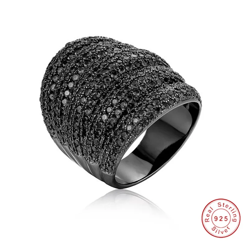

Luxury Wide Stackable Geometry Black CZ Silver Rings For Women Wedding Engagement Bridal Finger Ring Jewelry Addiction SIZE 5-10