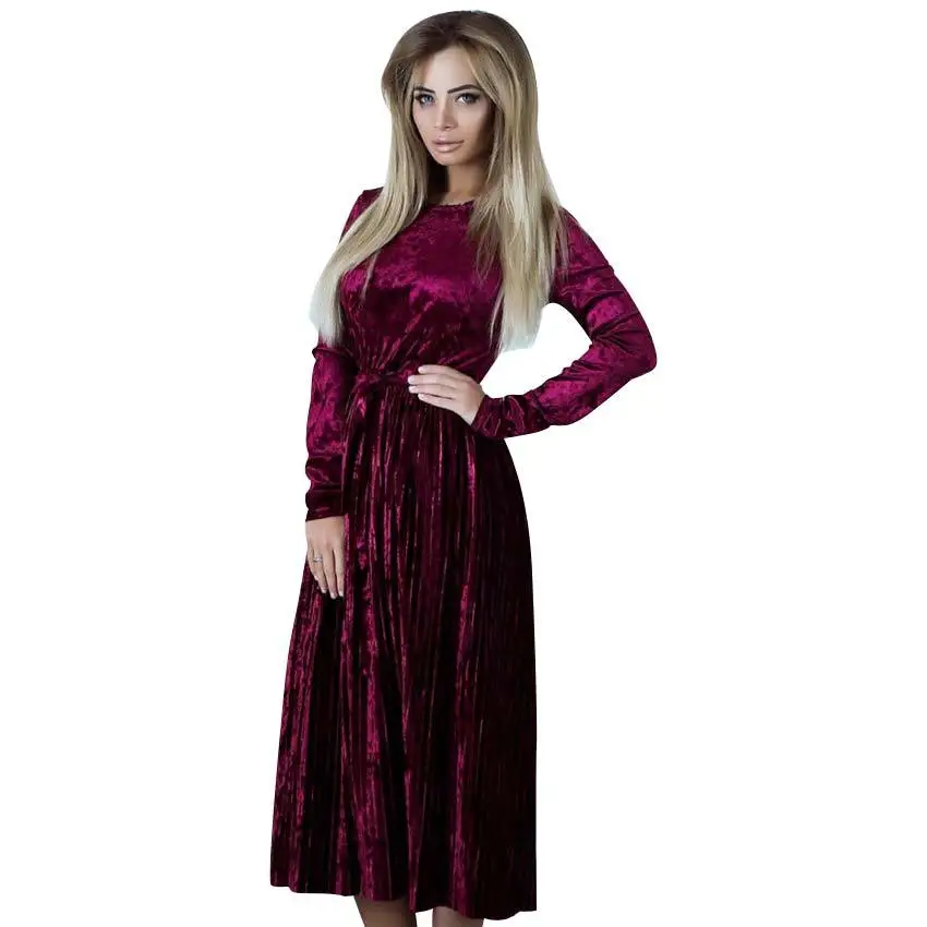

2018 Winter Spring Velvet Dress Women Fashion Solid Sashes Regular Long Pleated Sexy Dress Women Dresses Vestidos Robes