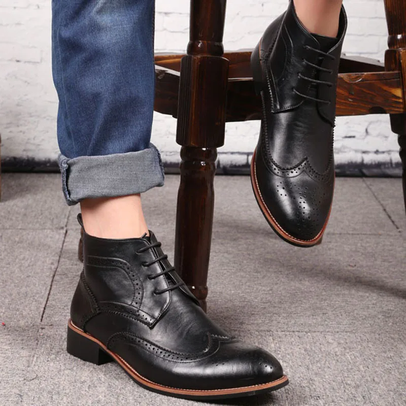 NPEZKGC Men Chelsea Boots Casual Leather Spring Autumn Bullock Ankle Boots Fashion Male Genuine Leather Men Shoes