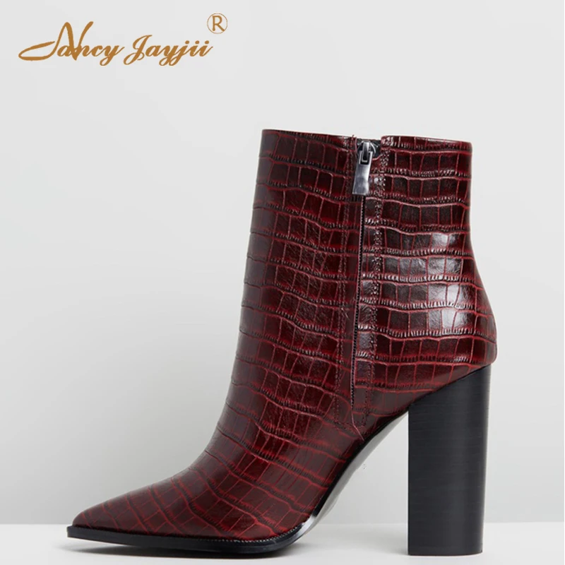 Весенне-осенние женские ботильоны бордового цвета с крокодиловым принтом; женская обувь; большие размеры 12, 13; модная обувь на высоком массивном каблуке с молнией;