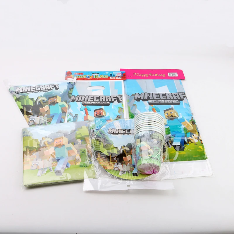 

61pcs/lot Minecraft tablecloth plates cups napkins party set for 10 people use Minecraft birthday party decorations Minecraft