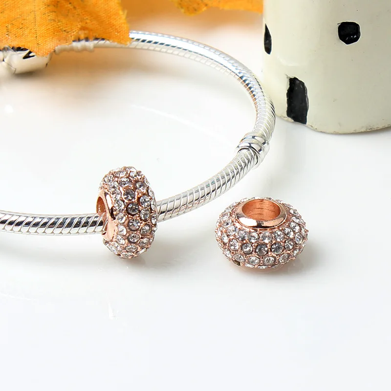 

free shipping 1pc european rose gold round white crystal Bead Charms Fit Pandora Charm Bracelet E641