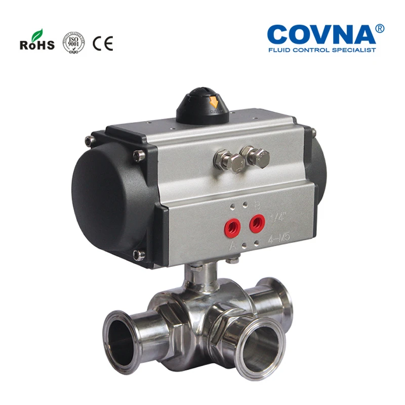 Food Safe 1 inch Sanitary Pneumatic Clamp Ball Valve 3 Ways DN25 Double Acting Tri-Clamp Pneumatic Ball Valve Stainless Steel