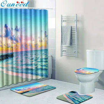 

Ouneed 4PCS Blue sky beach print Bathroom Shower Curtain set Non Slip pattern waterproof Toilet Shower curtain Cover Mat set new