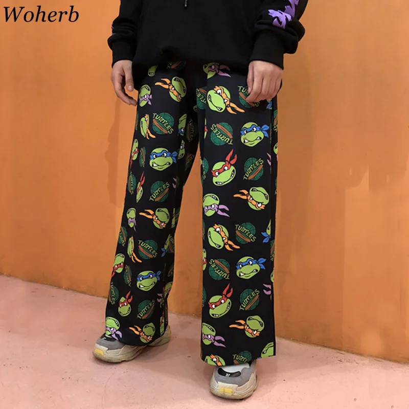 Woherb Japanese Style Wide Leg Pants Women Funny Cartoon Print Harajuku Elastic High Waist Trousers Modis Streetwear 22787